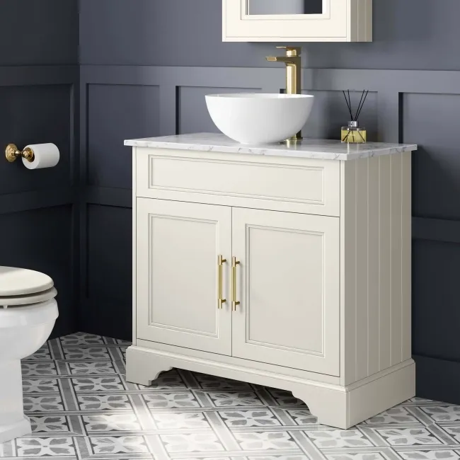 Lucia Chalk White Vanity with Marble Top & Round Counter Top Basin 840mm - Brass Knurled Handles