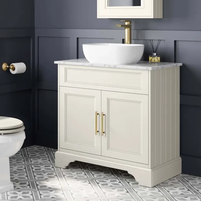 Lucia Chalk White Vanity with Marble Top & Curved Counter Top Basin 840mm - Brass Knurled Handles