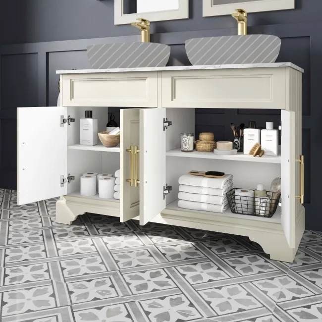 Lucia Chalk White Cabinet with Marble Top 1200mm (Excludes Counter Top Basins) - Brass Knurled Handles