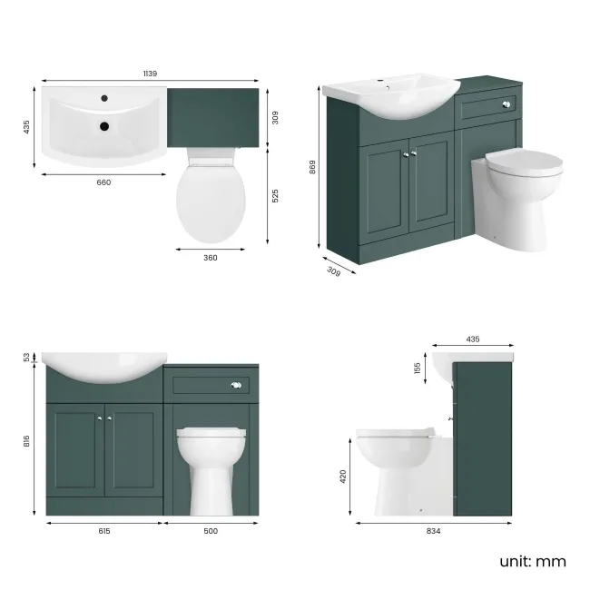Capri Mystic Green Combination Vanity Basin and Austin Toilet 1150mm - Chrome Handles
