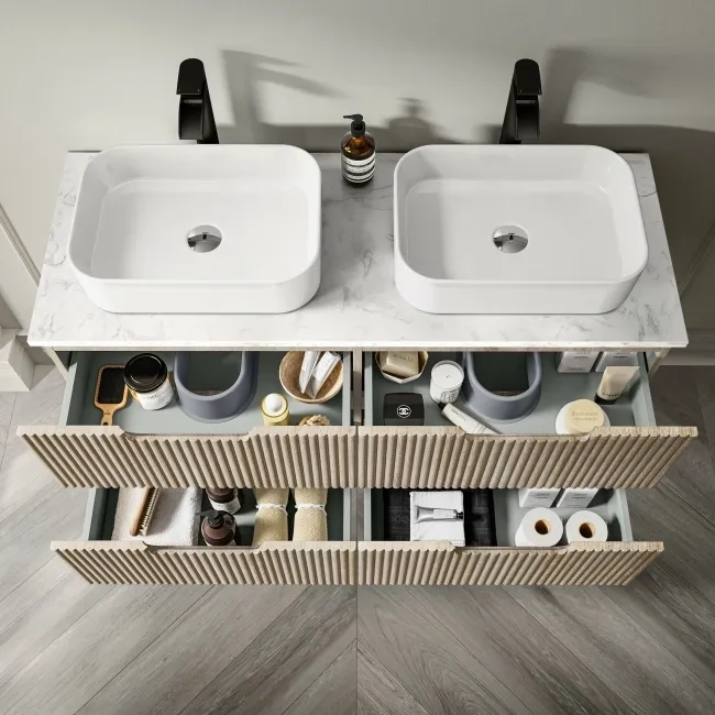 Crete Fluted Apex Oak Double Wall Hung Drawer Vanity with Marble Top & Marin Basin 1200mm
