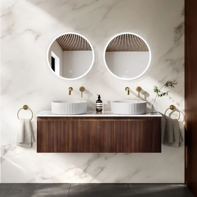 Malta Fluted Black Walnut Double Wall Hung Drawer Vanity with Marble Top & Nevis Basin 1200mm