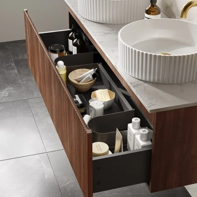 Malta Fluted Black Walnut Double Wall Hung Drawer Vanity with Marble Top & Nevis Basin 1200mm