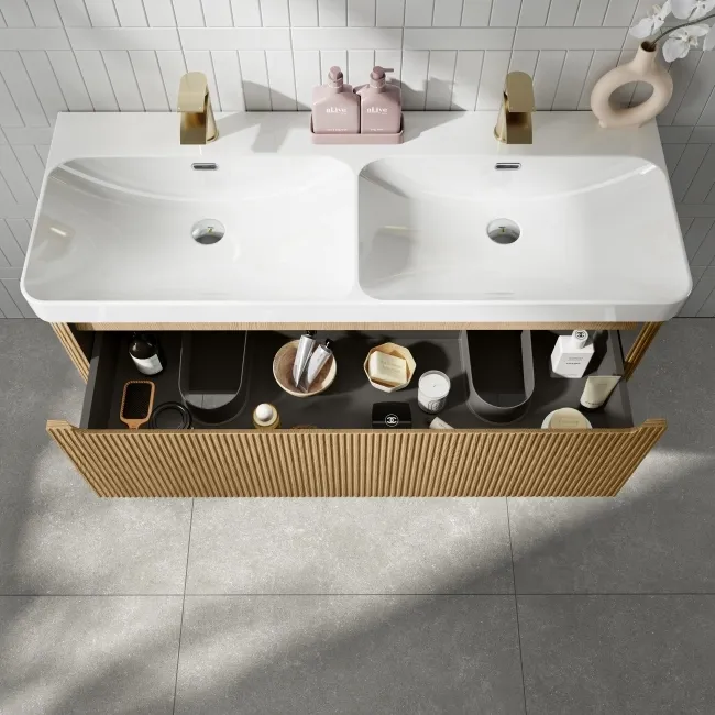 Sorrento Fluted Country Oak Wall Hung Double Basin Drawer Vanity 1200mm
