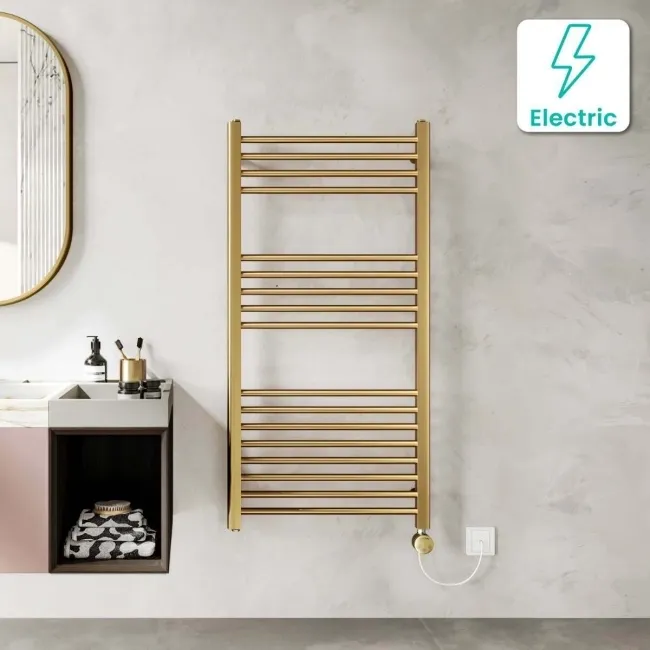 Barcelona Electric Brushed Brass Straight Heated Towel Rail 1200x600mm