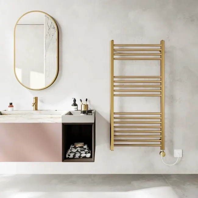 Barcelona Electric Brushed Brass Straight Heated Towel Rail 1200x600mm