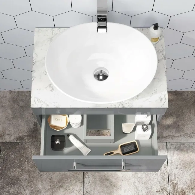Avon Stone Grey Wall Hung Drawer Vanity with Marble Top & Oval Counter Top Basin 600mm