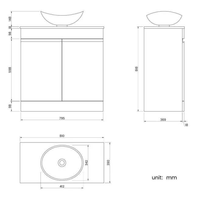 Trent Gloss White Vanity with Oval Counter Top Basin 800mm