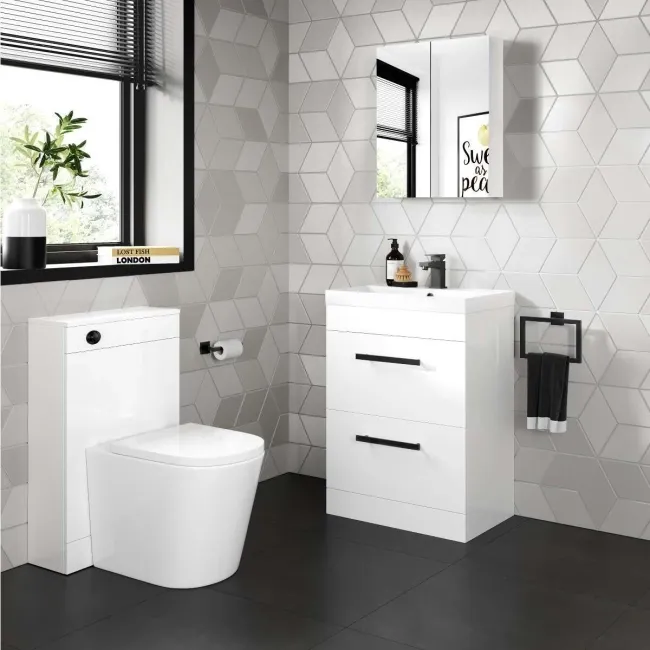 Avon Gloss White Basin Drawer Vanity 600mm - Black Accents