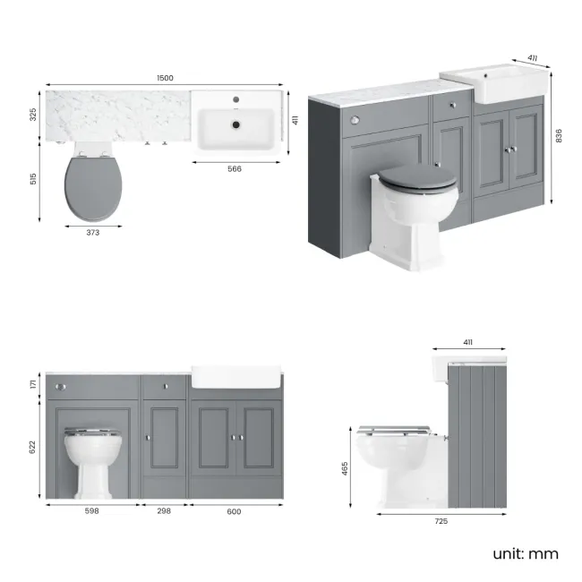 Monaco Dove Grey Combination Vanity Basin with Marble Top and Hudson Toilet with Wooden Seat 1500mm