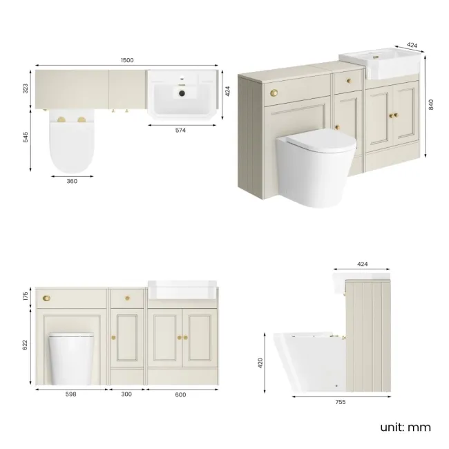 Monaco Chalk White Combination Vanity Traditional Basin and Boston Toilet 1500mm - Brushed Brass Accents