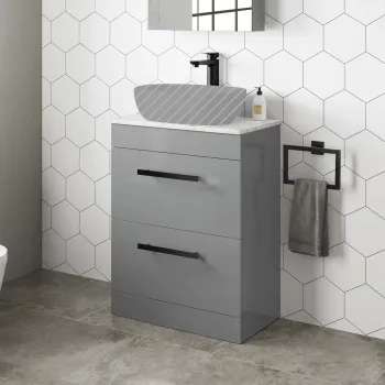 Avon Stone Grey Counter Top Vanity Drawer with Marble Top 600mm - Black Accents