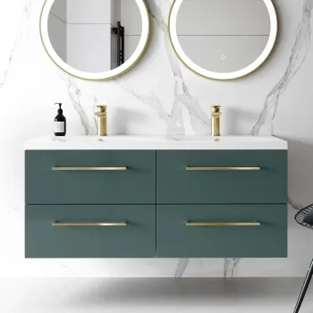 Elba Midnight Green Wall Hung Double Basin Drawer Vanity 1200mm - Brushed Brass Accents