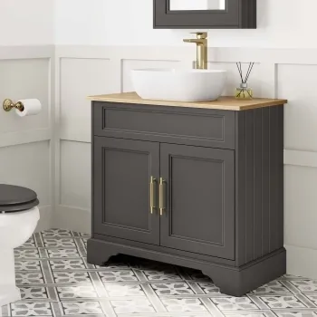 Lucia Graphite Grey Vanity with Oak Effect Top & Curved Counter Top Basin 840mm - Brass Knurled Handles