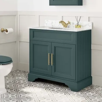 Lucia Midnight Green Vanity with Marble Top & Undermount Basin 830mm - Brass Knurled Handles