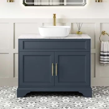Lucia Inky Blue Vanity with Marble Top & Curved Counter Top Basin 1030mm - Brass Knurled Handles
