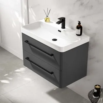 Omaha Slate Grey Wall Hung Basin Drawer Vanity 800mm - Black Accents