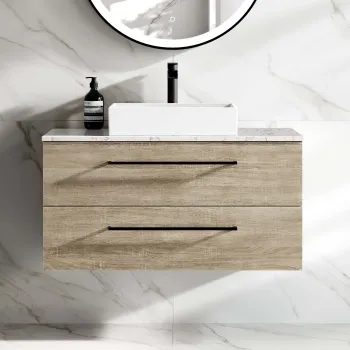 Elba Dawn Oak Wall Hung Drawer Vanity with Marble Top & Cody Basin 1000mm - Black Accents