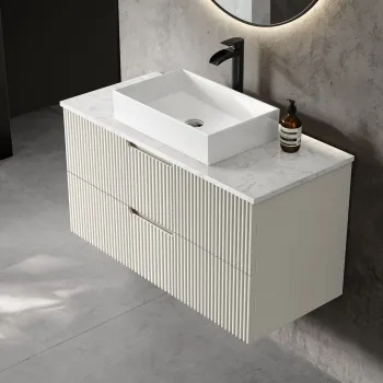Crete Fluted Linen White Wall Hung Drawer Vanity with Marble Top & Cody Basin 1000mm