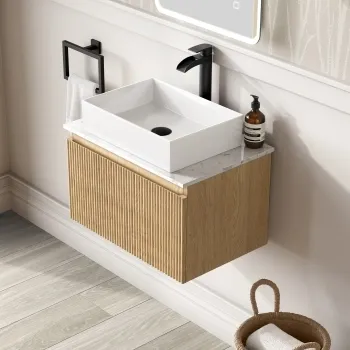 Malta Fluted Country Oak Wall Hung Drawer Vanity with Marble Top & Cody Basin 600mm