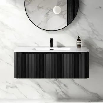 Sorrento Fluted Matt Black Wall Hung Basin Drawer Vanity 1000mm