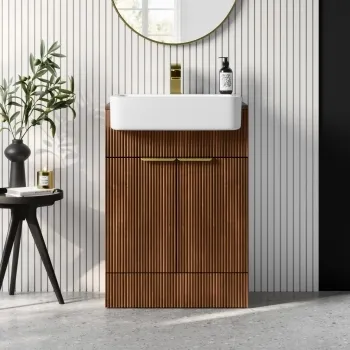 Sicily Fluted Black Walnut Vanity with Semi Recessed Basin 600mm - Brushed Brass Accents