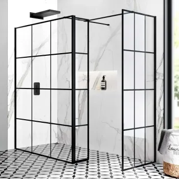 Munich Matt Black Grid 8mm Walk In Shower Enclosure 1400mm & 700mm Glass with Pivotal Return Panel