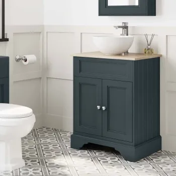 Lucia Inky Blue Vanity with Oak Effect Top & Round Counter Top Basin 640mm
