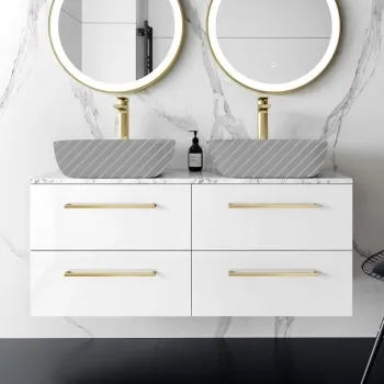 Elba Gloss White Wall Hung Drawer with Marble Top 1200mm Excludes Basins - Brushed Brass Accents