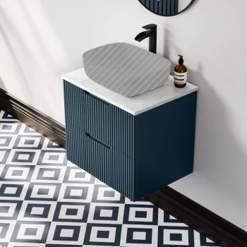 Crete Fluted Navy Blue Wall Hung Drawer Vanity with Marble Top 600mm - Excludes Counter Top Basin