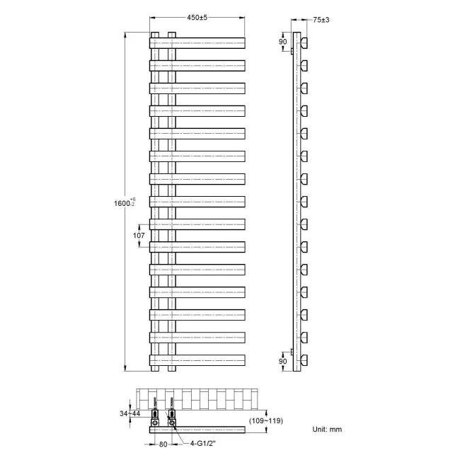 Palermo Matt Black Designer Heated Towel Rail 1600x450mm
