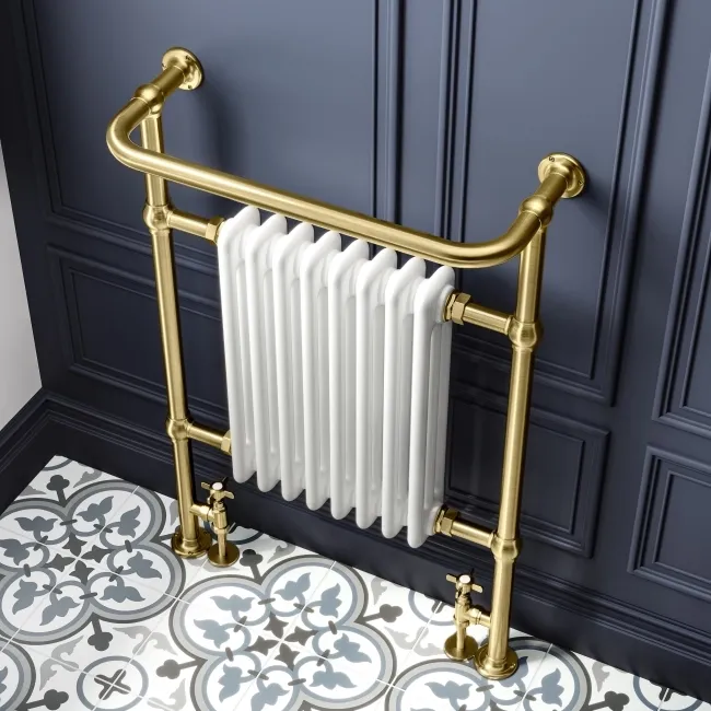 Gibraltar Large Brushed Brass Traditional Heated Towel Radiator (With Overhanging Rail)