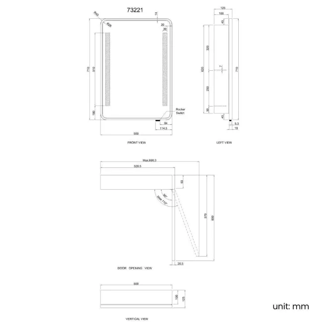 Olivia Battery Operated Black Framed Illuminated LED Mirror Cabinet 710x500mm