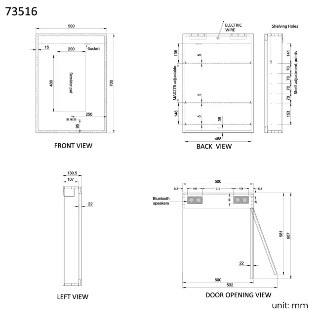 Esme Matt Black Illuminated LED Mirror Cabinet With BLUETOOTH Speaker 700x500mm