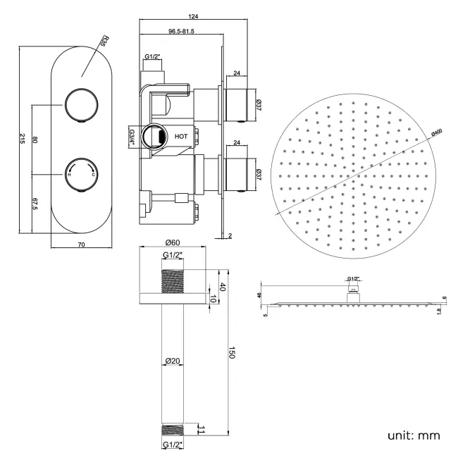 Ballina Premium Ceiling Chrome Round Thermostatic Shower Set - 400mm Head