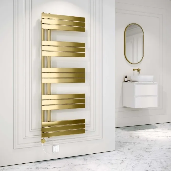 Seville Electric Brushed Brass Designer Flat Panel Heated Towel Rail 1600x600mm