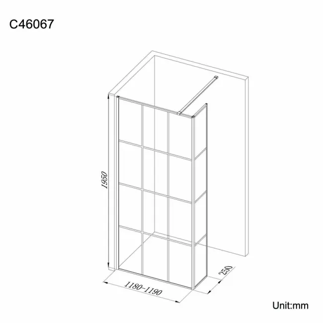 Munich Matt Black Grid 8mm Wet Room Shower Glass 1200mm & 250mm Return Panel