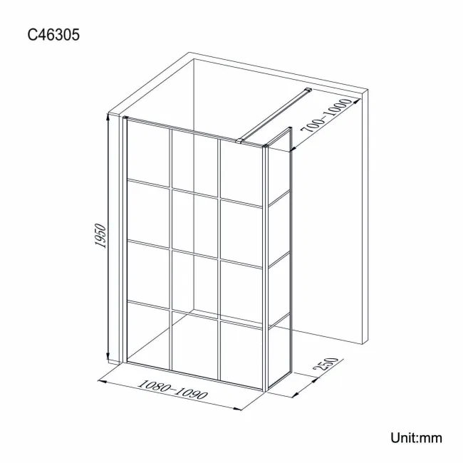 Munich Matt Black Grid 8mm Wet Room Shower Glass 1100mm & 250mm Return Panel