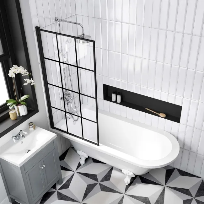 Abingdon 1700 Roll Top Shower Bath - White Ball Feet & 6mm Easy Clean Matt Black Grid Screen