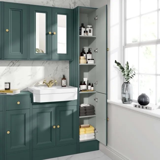 Monaco Midnight Green Floor Standing Tall Cabinet Unit 1900x300mm - Brushed Brass Accents