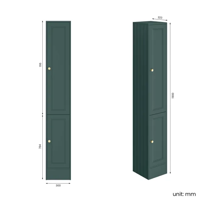 Monaco Midnight Green Floor Standing Tall Cabinet Unit 1900x300mm - Brushed Brass Accents