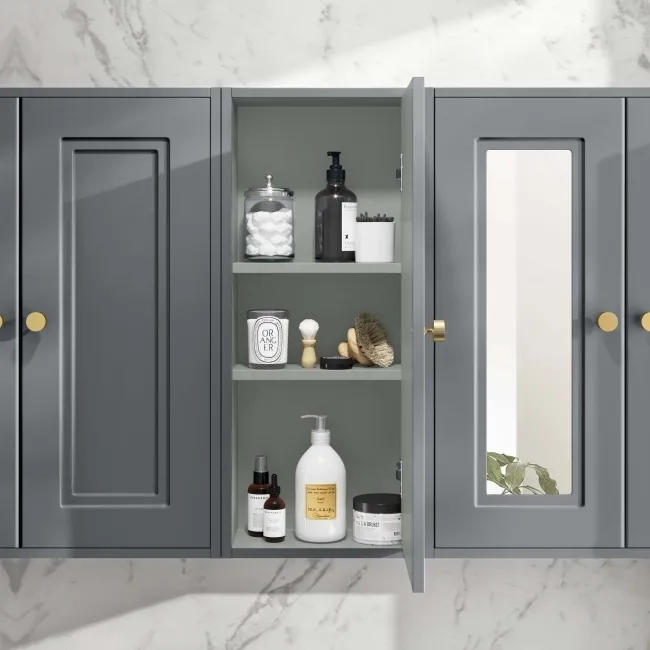 Dove Grey Wall Hung Cabinet 700x300mm - Brushed Brass Accents