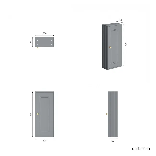 Dove Grey Wall Hung Cabinet 700x300mm - Brushed Brass Accents