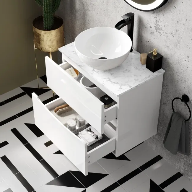 Austin Gloss White Wall Hung Drawer Vanity with Marble Top & Round Counter Top Basin 600mm
