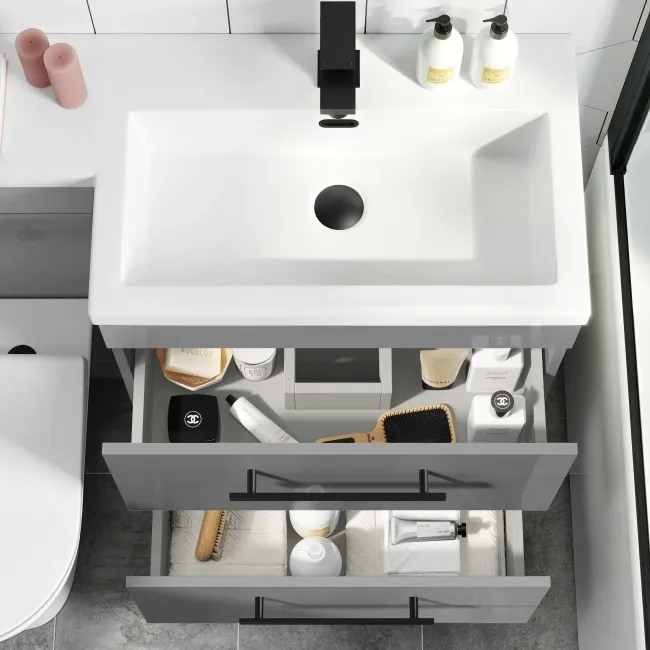 Avon Stone Grey Combination Basin Drawer and Aruba Toilet 1100mm - Black Accents - Right Handed