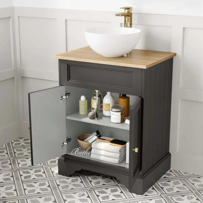 Lucia Graphite Grey Vanity with Oak Effect Top & Round Counter Top Basin 640mm - Brushed Brass Accents