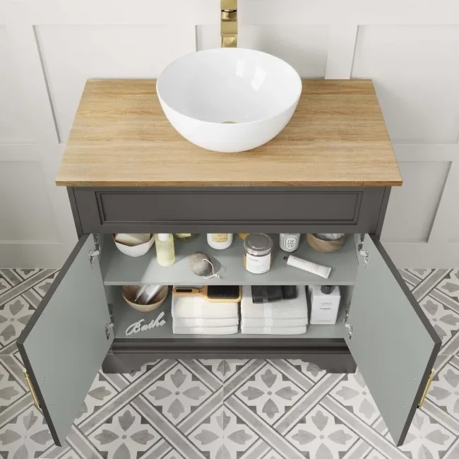 Lucia Graphite Grey Vanity with Oak Effect Top & Round Counter Top Basin 840mm - Brass Knurled Handles