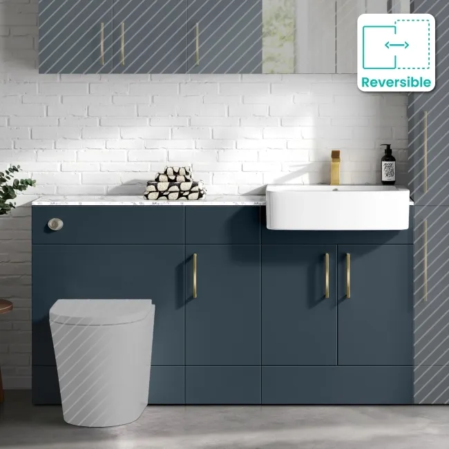 Harper Navy Blue Combination Vanity Basin with Marble Top 1500mm (Excludes Toilet) - Brushed Brass Accents