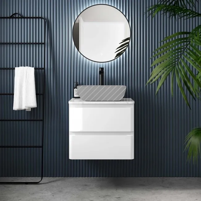 Corsica Gloss White Wall Hung Drawer Vanity with Marble Top 600mm - Excludes Counter Top Basin