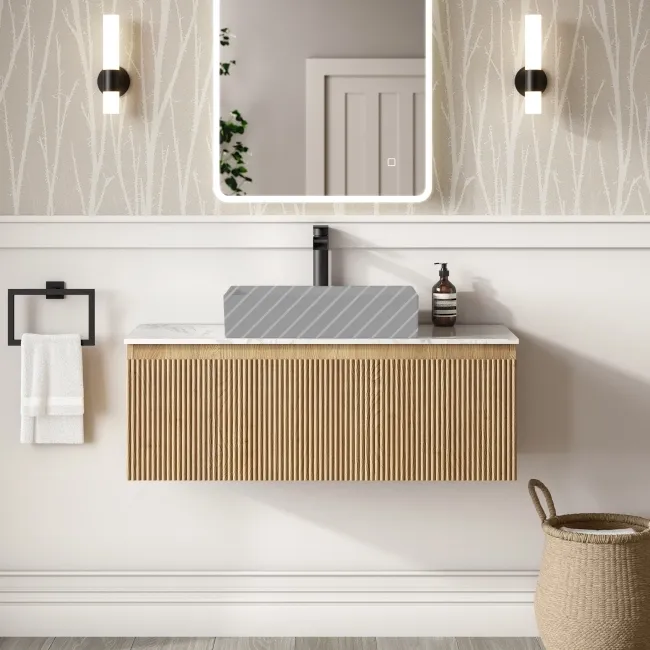 Malta Fluted Country Oak Wall Hung Drawer Vanity with Marble Top 1000mm - Excludes Counter Top Basin